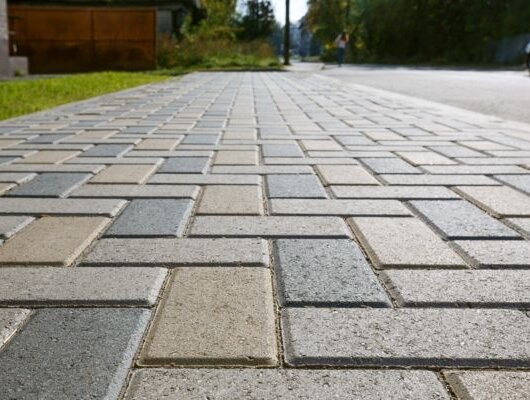 Close-up of a paved sidewalk with rectangular light gray and beige stones arranged in a geometric pattern.